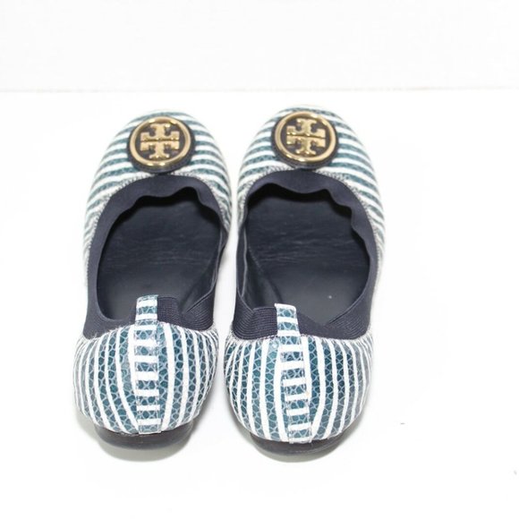 Tory Burch Shoes - Tory Burch Caroline 2 Striped Ballet Flats Navy White Gold Shoes Size 7.5 H13069